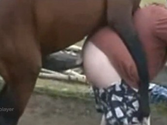 Homem gay rabudo enfiando o pau do cavalo no cu